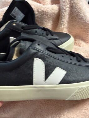 Veja Black Leather Low-Top Sneakers with White V Logo